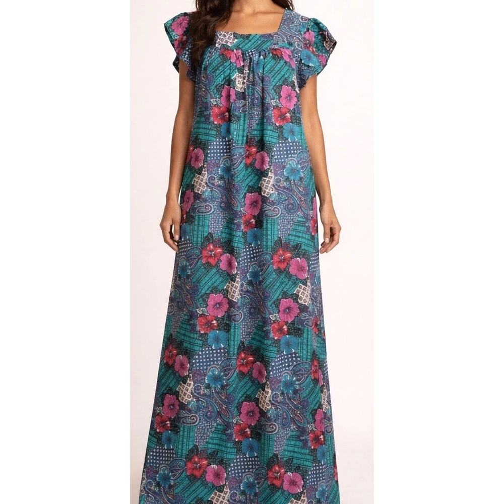 Vtg Hawaiian Maxi Dress M L Teal Floral Kaftan Resort Tent Tropical Pockets